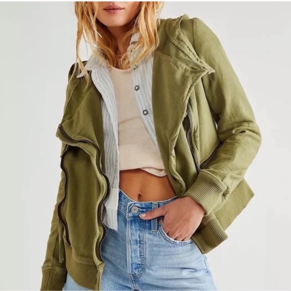 NWT Free People Carmen Moto Jacket in Olive Green Size Small